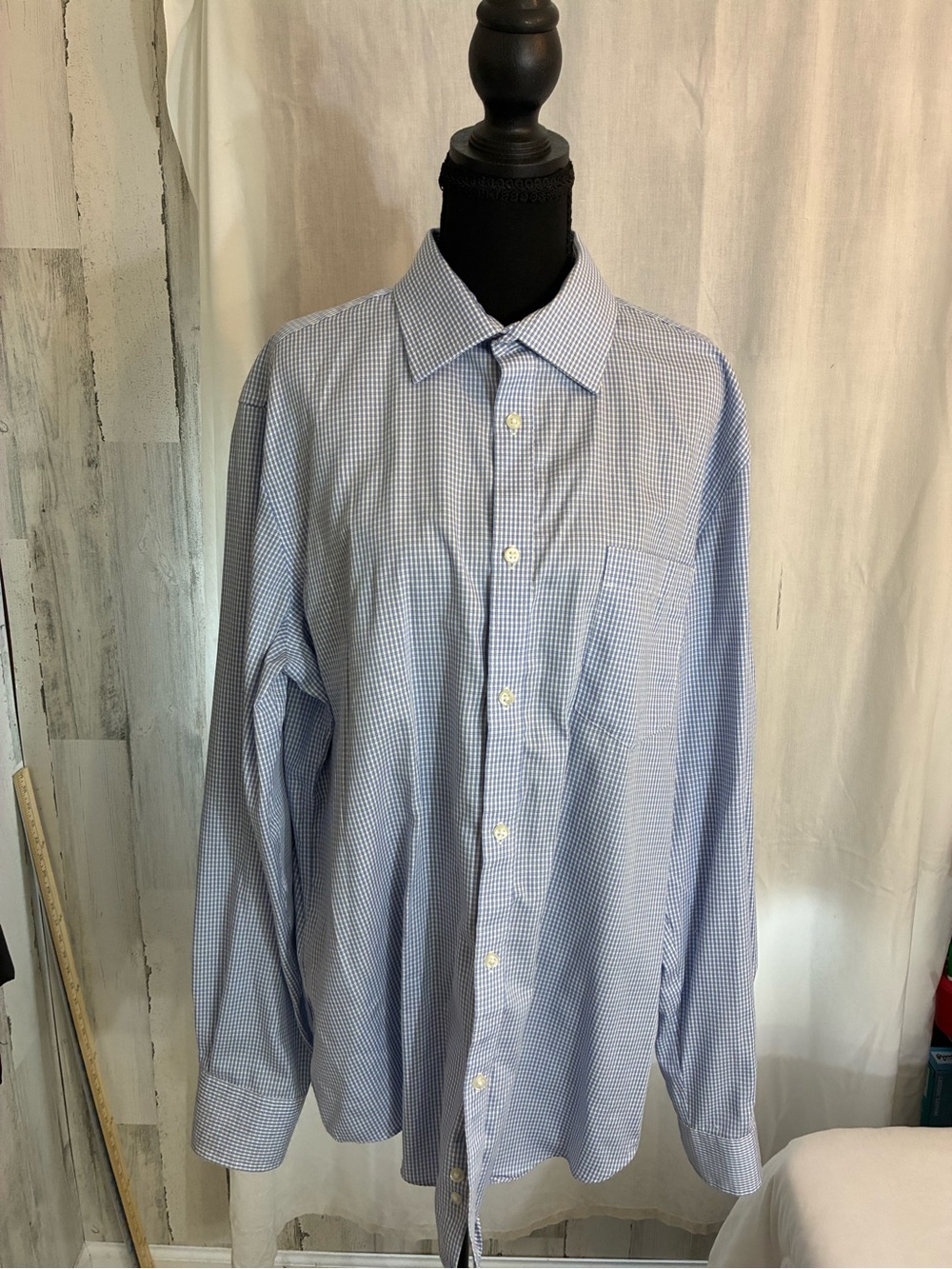 Men's Light Blue Micro-Check Dress Shirt - Classic Button-Front Men’s Sz XL 17